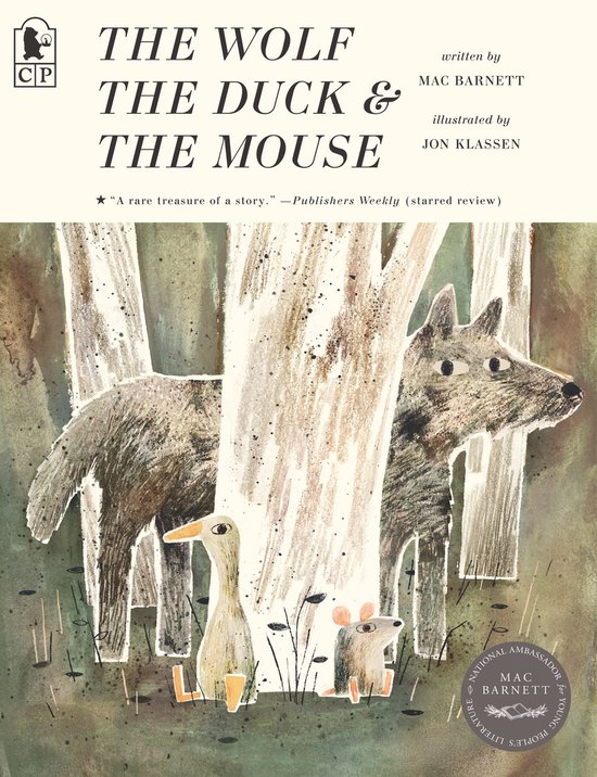 Boekcover van "The Wolf, the Duck & the Mouse" met illustratie van een wolf, een eend en een muis tussen bomen.