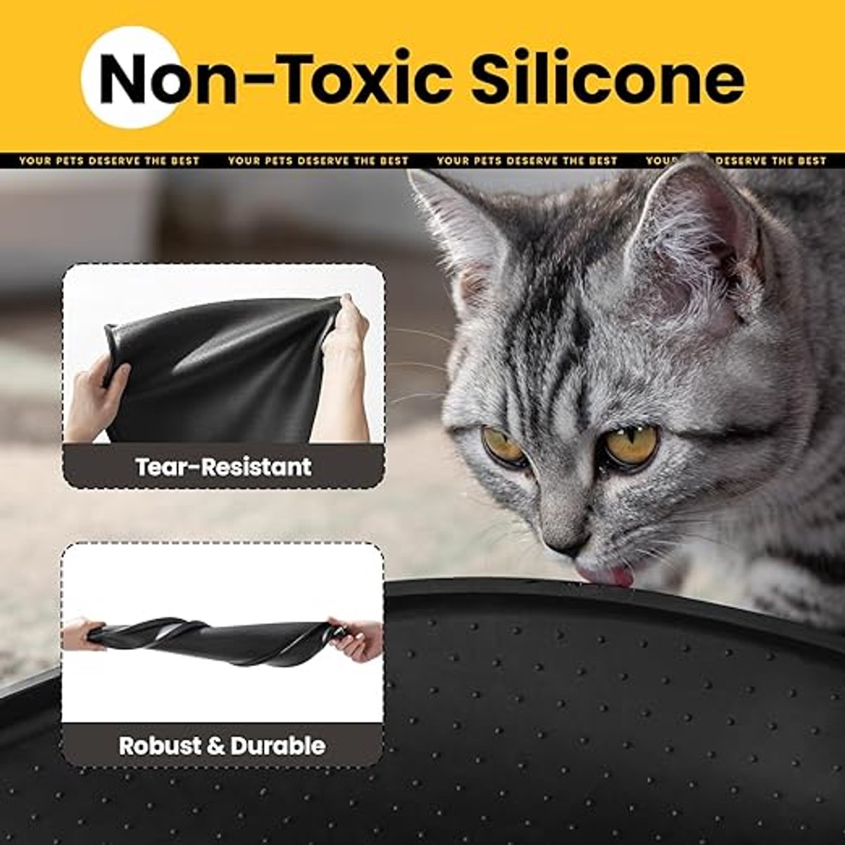 Kattenvoermat, 1,2 cm verhoogde randen hondenbakmat voor morsen insluiting, BPA-vrij siliconenrubber, 100% waterdicht (zwart, 48 x 30 cm)