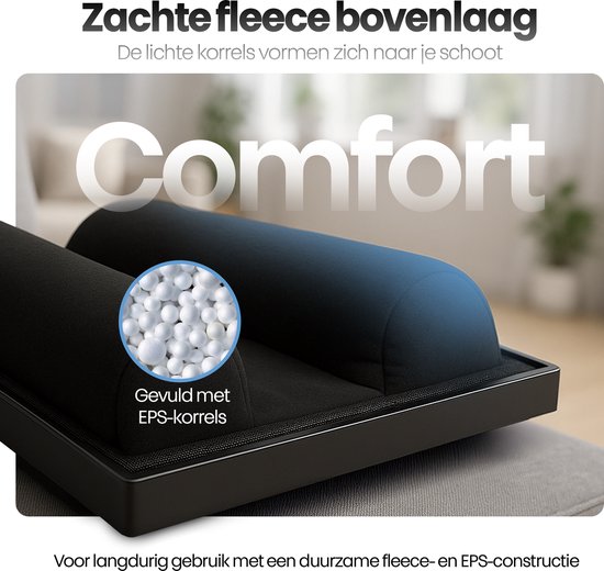 Detail van de zachte fleece bovenlaag van de laptopstandaard gevuld met EPS-korrels, 'Comfort' staat groot weergegeven.