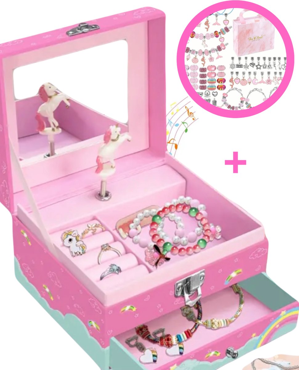 Draaiende Unicorn Sieradendoos met Muziek – Inclusief Sieraden & Armbandjes Maken Set – Knutsel Speelgoed voor Meisjes vanaf 3 Jaar