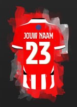 Eindhoven ingelijste poster met personalisatie - Met eigen naam en rugnummer - A4 formaat - 21x29.7 cm - Semi/ glossy papier - Voetbal shirt poster - Geïnspireerd op de kleuren van Eindhoven en een beetje fantasie