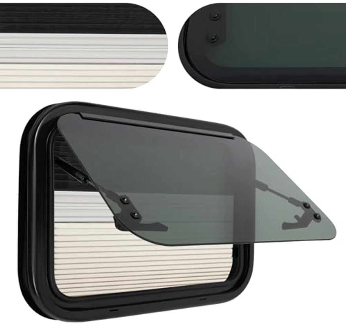Caravanraam 500 x 350 mm met Vliegenrooster en Rolgordijn - Uitzetraam voor Campers