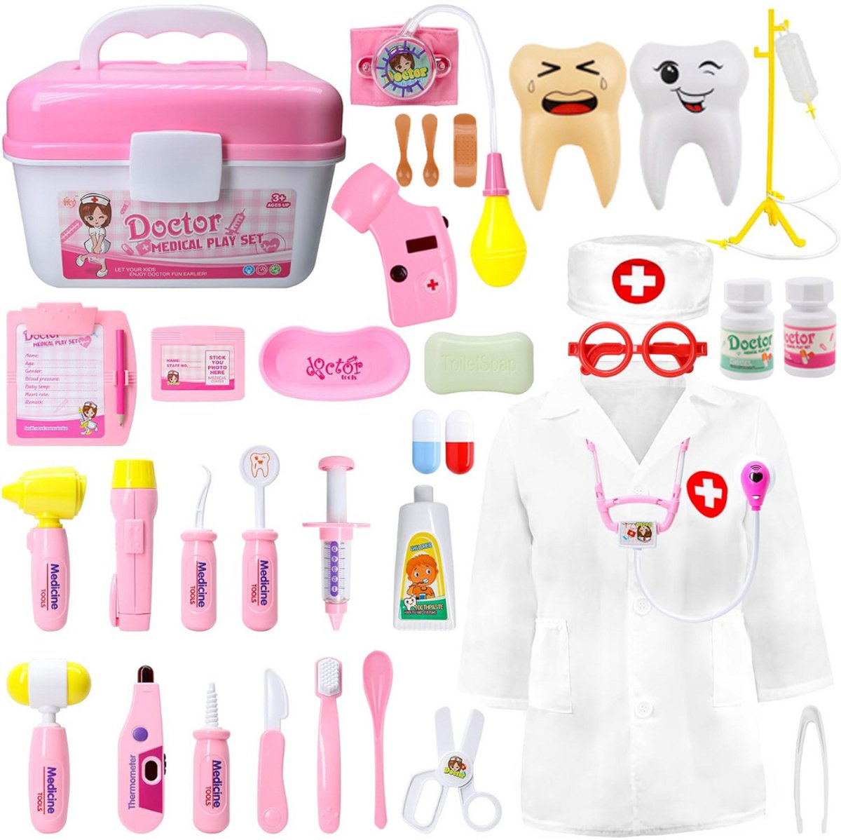 Luumuu® Dokterset Speelgoed Kind - Dierenarts Setje - Doktersset - Tandarts Speelset - Dokterskoffer - 35-delig - Vanaf 3 jaar - Incl. Doktersjas