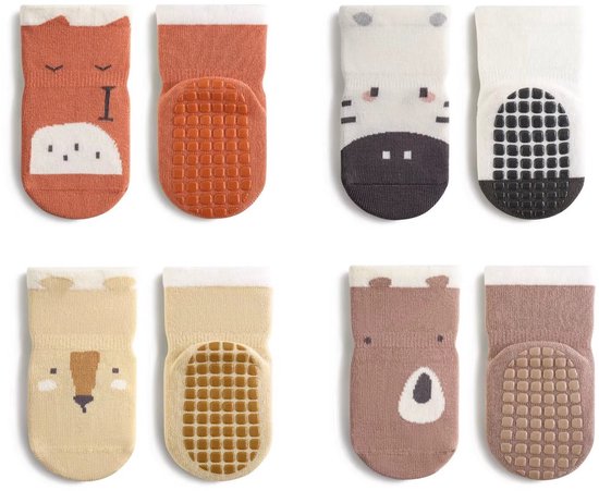 4 paires de chaussettes antidérapantes - Zebra, cerf, renard, ours - 1 à 4 ans