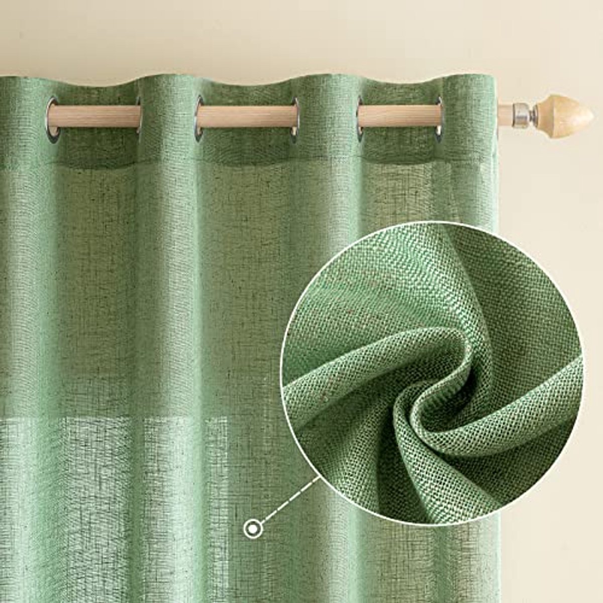 Gordijnen in linnenlook met oogjes - Set van 2, 140 x 225 cm, groen, modern en semi-transparant voor woonkamer en kinderkamer
