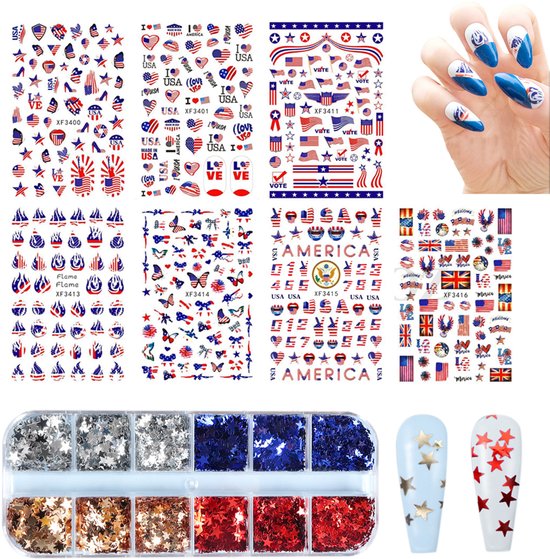 JeiibrZui Independence Day Nail Art Stickers - Glitter Ster Pailletten - met Amerikaanse Vlag en Vlammendecoraties - Set van 9 - Perfect voor Manicures en DIY Feestjes