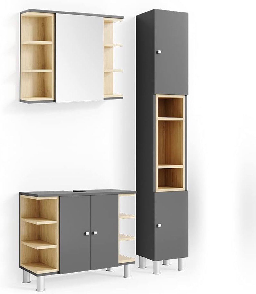 Luxe Badkamermeubelset Aquis – Antraciet / Sonoma Eiken – 3-delige Badmeubelset met Spiegelkast, Wastafelonderkast & Kolomkast – Moderne Opbergkastenset – Duurzaam & Krasbestendig – Soft-Close Deuren