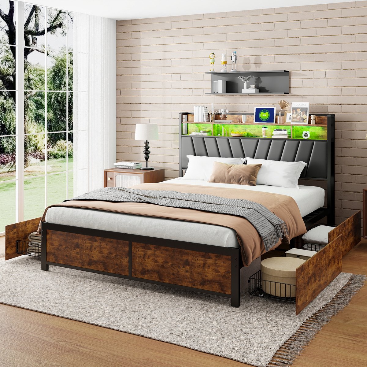 ROSAHQNDA Metaal Bed 180 x 200 cm, Tweepersoonsbed met LED-verlichting en USB-oplaadfunctie, Metalen bed met 4 lades, Opbergbed met metalen lattenbodem, Jeugdbed, Slaapkamermeubel in industriële stijl, Zonder matras zwart + vintage bruin