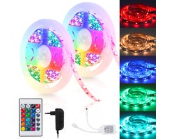 LED Strip 10 meter(2X5M) - light strip - RGB LED Verlichting - Led strips - SMD5050 LED - met 24 Toetsen afstandsbediening - dimbaar - gaming accesoires - incl. Voeding - Zelfklevend - binnenverlichting