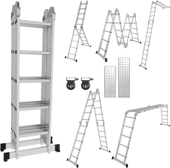 Collage toont een zilveren vouwladder in verschillende configuraties, inclusief platform en twee wielen.