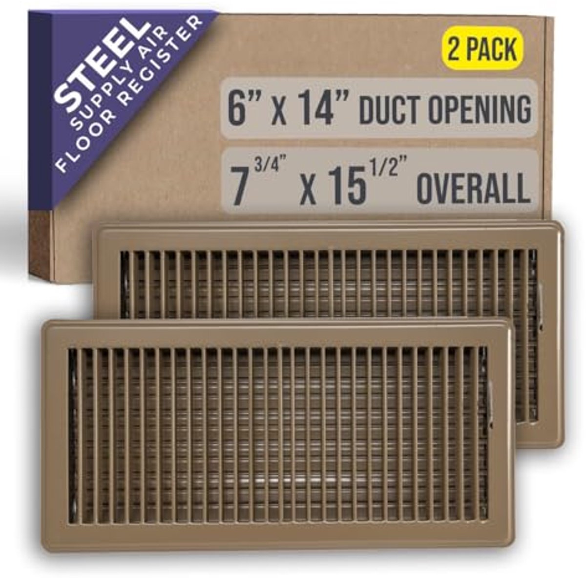 2-Pack 6" x 14" Vloerregister met Lamelontwerp - Heavy Duty Ontwerp met Demper - Vloerventilatierooster met Verstelbare Luchttoevoer - Bruin