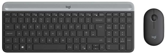 Zwart draadloos Logitech toetsenbord en muis, met zilveren rand op het toetsenbord.