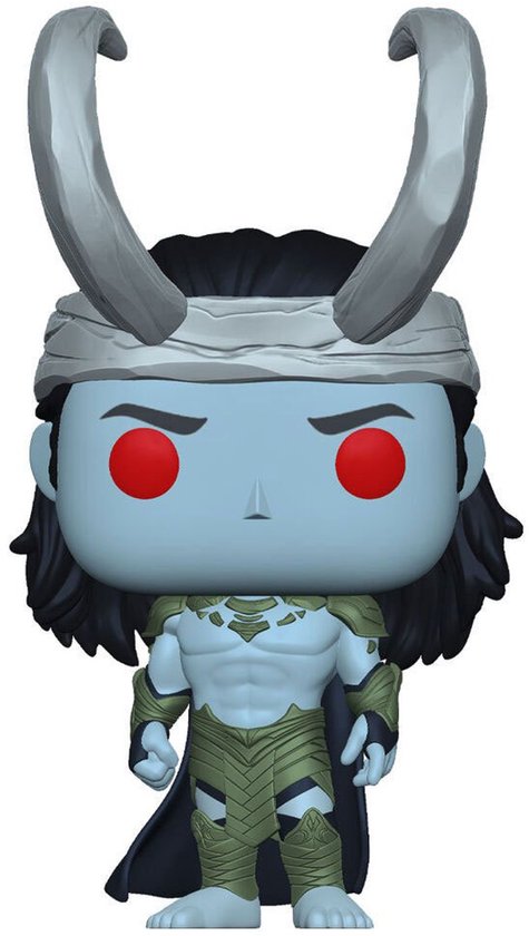 Loki Funko Pop! met blauwe huid, rode ogen, grijze hoorns en groene pantser.