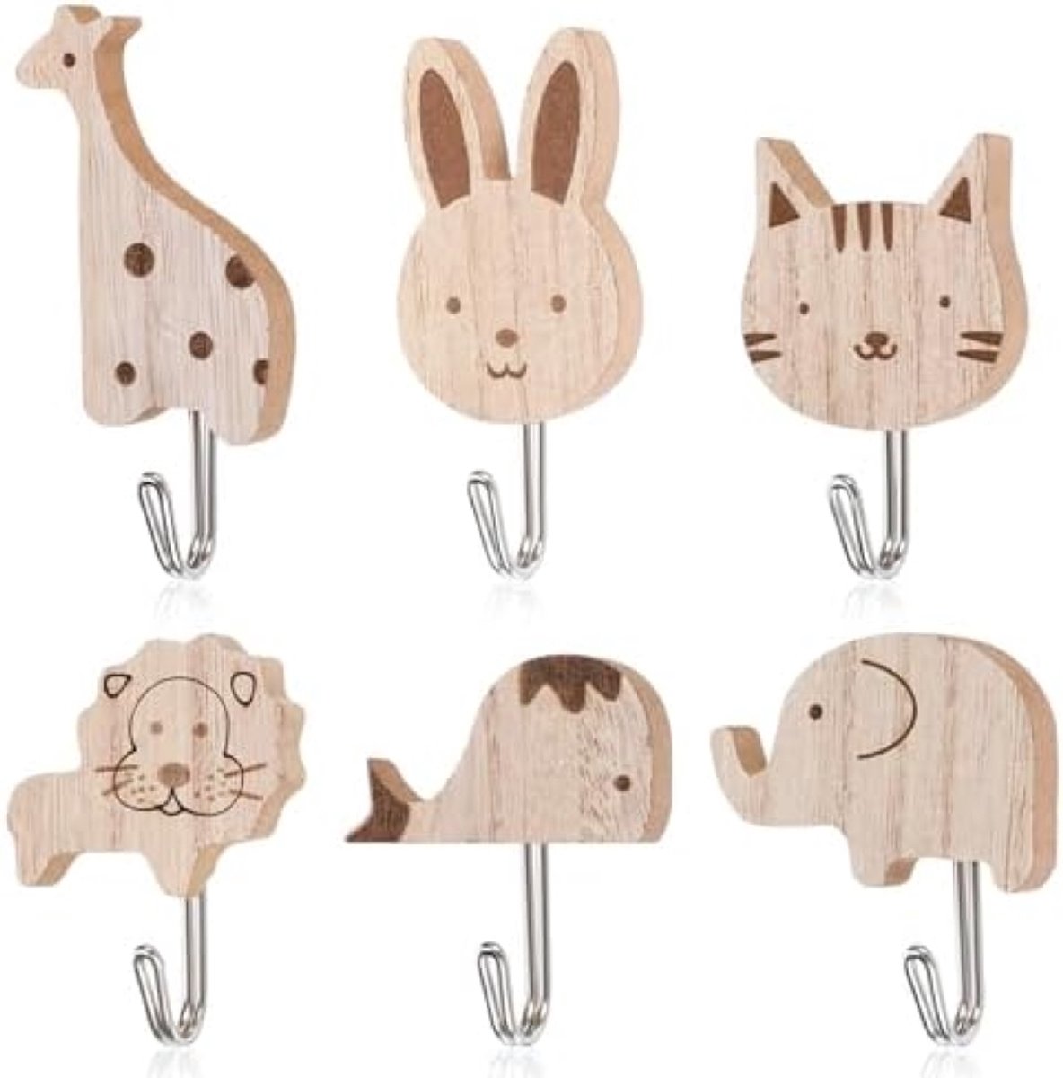 Image of 6 stuks schattige dierenkapstokhaken, houten dierencartoon muurhaken, zelfklevende houtachtige decoraties voor slaapkamer, badkamer, keuken - olifant, walvis, kat, leeuw, konijn, giraffe ontwerpen