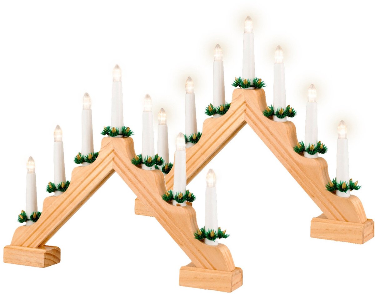 Lumineo Kaarsenbrug naturel - 2x - hout - met LED verlichting - 7 led lampjes - 4,8 x 39,5 x 32 cm