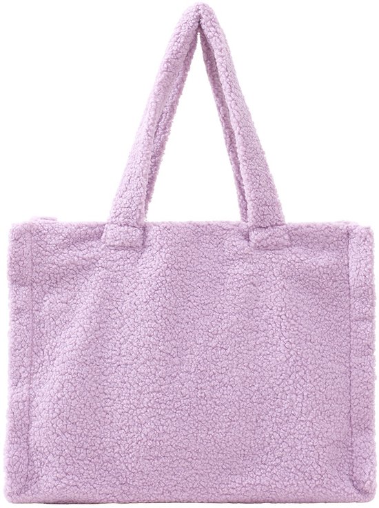 Sac fourre-tout teddy violet à deux anses, de couleur unie et à la texture douce.