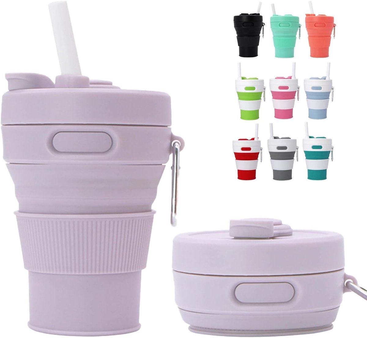 10 pcs Opvouwbare Silicone Reisbeker 15 oz (450ml) in Lila - Milieuvriendelijke Herbruikbare Koffiebeker met Lekdicht Deksel voor Kantoor, Gym en Buitenactiviteiten
