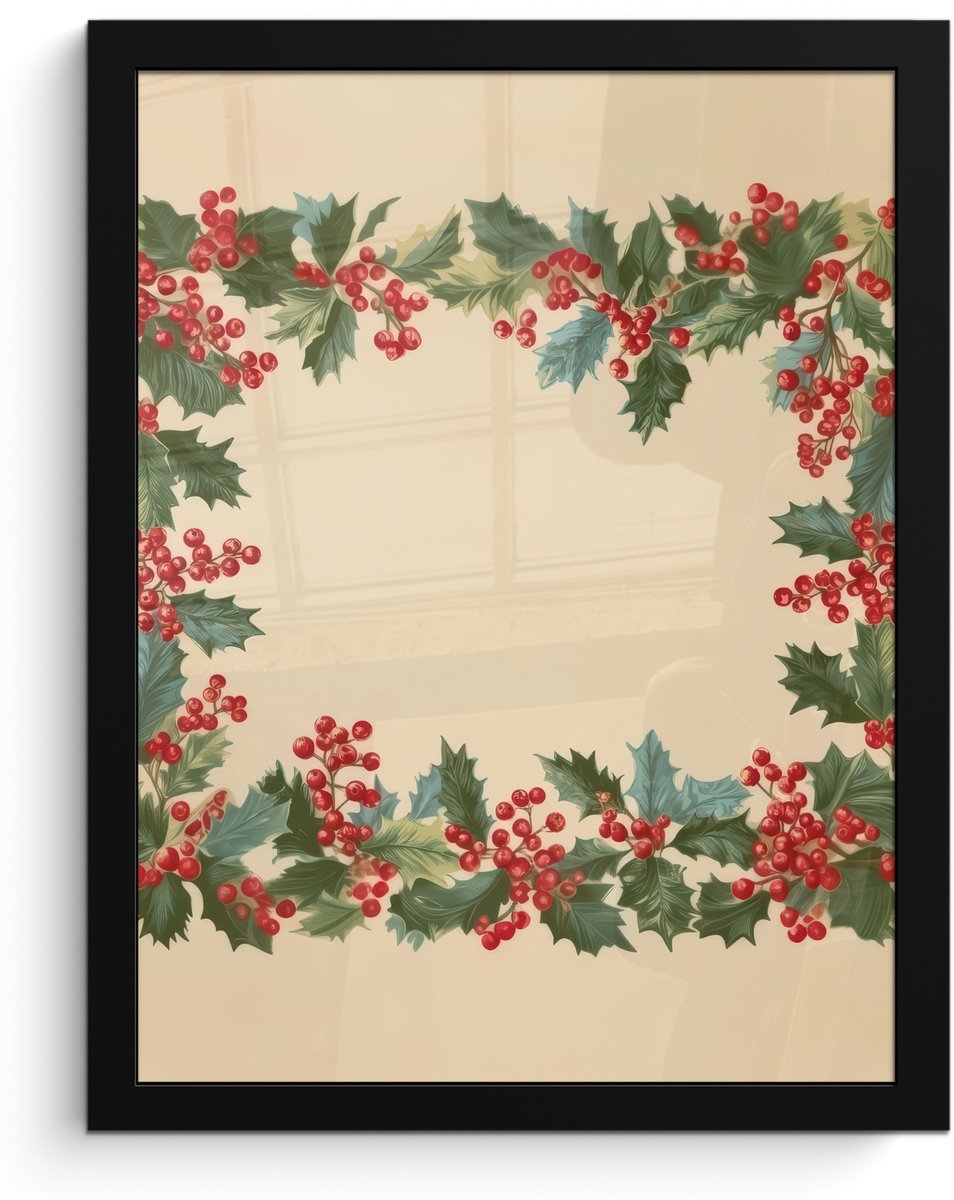 FrameYourWall Poster in lijst - Fotolijst 30x40 cm - Posters - Hulstrand - Bessen - Beige - Posterlijst zwart - Decoratie - Wanddecoratie woonkamer - Muurdecoratie slaapkamer - Kerstversiering - Kerstdecoratie voor binnen - Kerstmis
