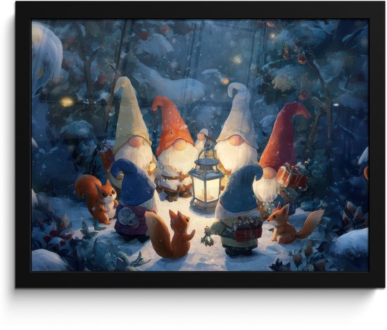 Poster in lijst - Fotolijst 40x30 cm - Posters - Winter - Gnooms - Eekhoorns - Meerkleurig - Posterlijst zwart - Decoratie - Wanddecoratie woonkamer - Muurdecoratie slaapkamer - Kerstversiering - Kerstdecoratie voor binnen - Kerstmis