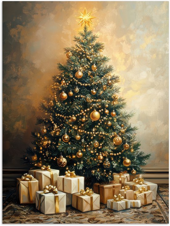 Poster 60x80 cm - Kerstboom - Cadeaus - Goud - Posters - Kamer decoratie - Wanddecoratie woonkamer - Muurdecoratie slaapkamer - Kerstversiering - Kerstdecoratie voor binnen - Kerstmis