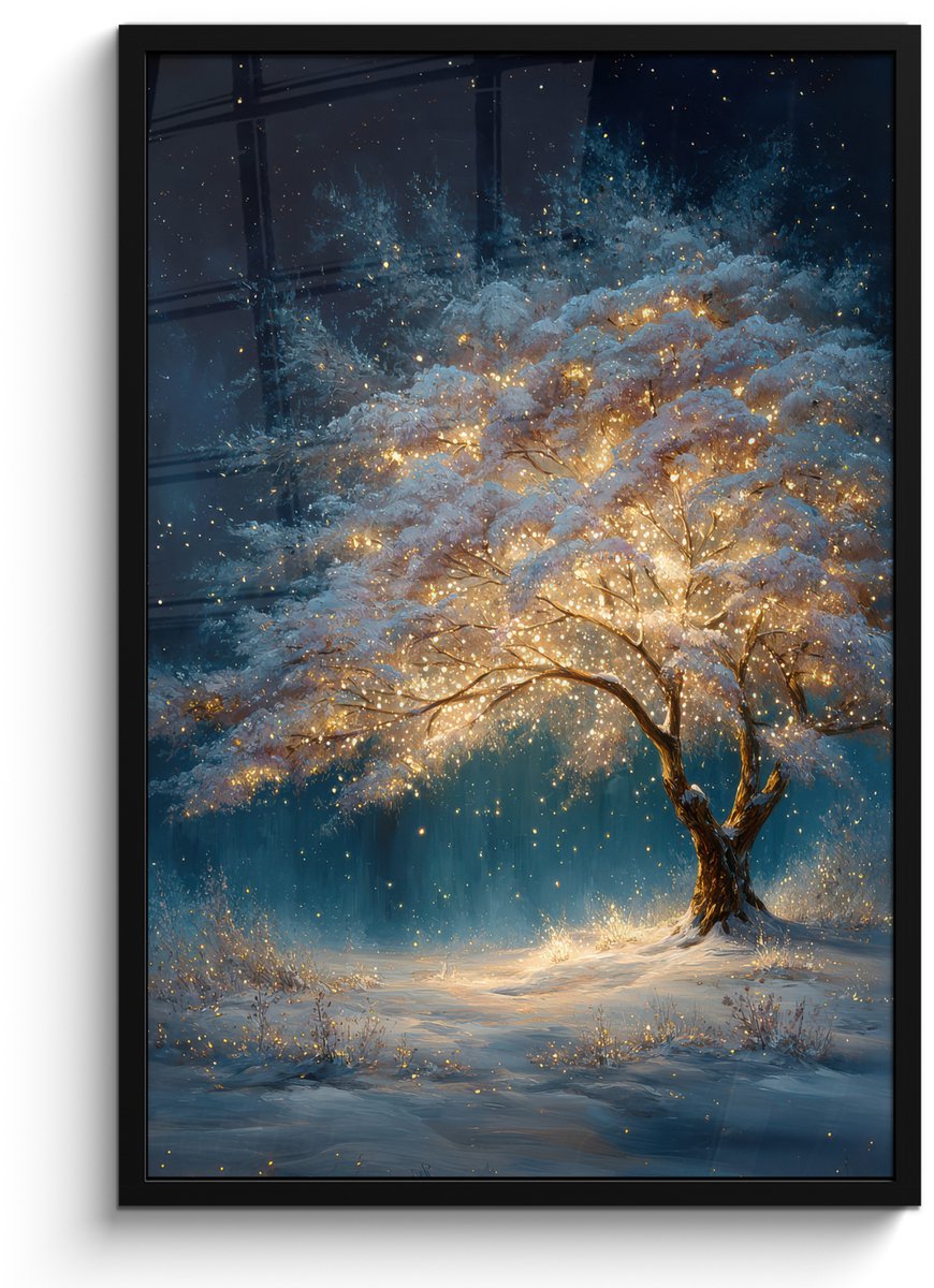 FrameYourWall Poster in lijst - Fotolijst 60x90 cm - Posters - Levensboom - Nacht - Donker - Blauw - Posterlijst zwart - Decoratie - Wanddecoratie woonkamer - Muurdecoratie slaapkamer