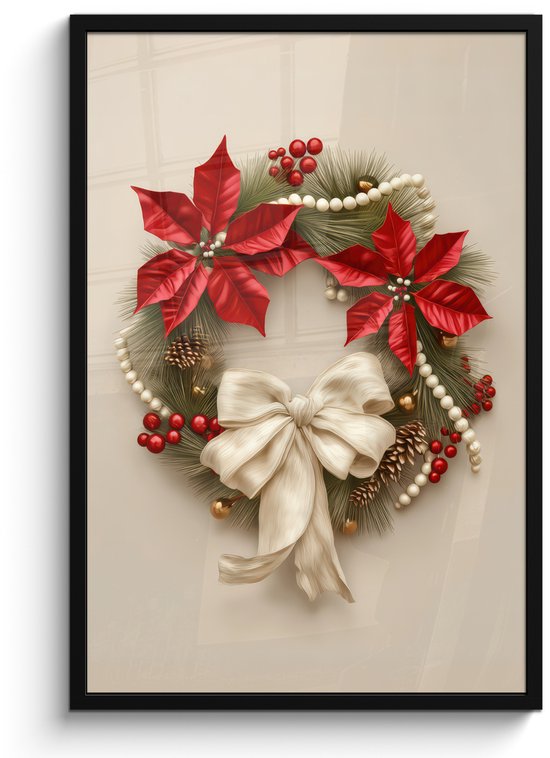 Poster in lijst - Fotolijst 60x90 cm - Posters - Deurkrans - Strik - Kerst - Rood - Groen - Posterlijst zwart - Decoratie - Wanddecoratie woonkamer - Muurdecoratie slaapkamer - Kerstversiering - Kerstdecoratie voor binnen - Kerstmis