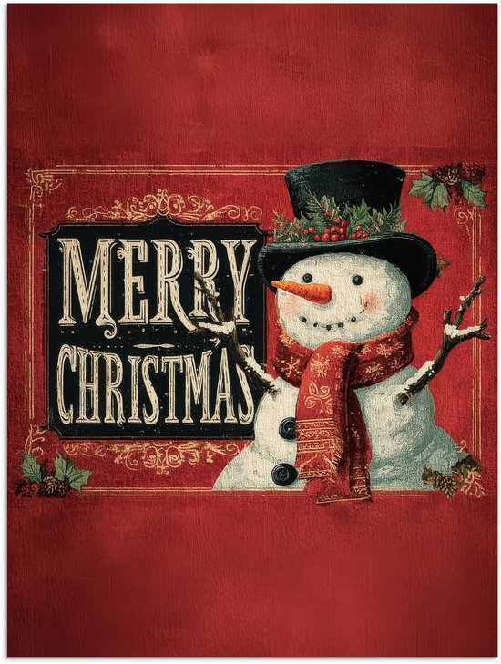 Poster 60x80 cm - Klassiek - Kerstgroet - Sneeuwpop - Rood - Posters - Kamer decoratie - Wanddecoratie woonkamer - Muurdecoratie slaapkamer - Kerstversiering - Kerstdecoratie voor binnen - Kerstmis