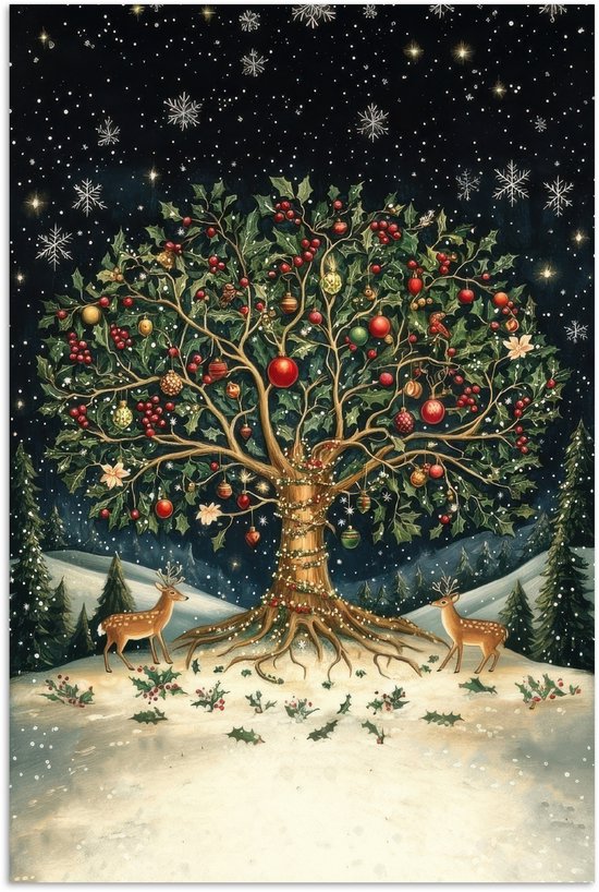 Poster 60x90 cm - Feestboom - Winterhemel - Kleurrijk - Posters - Kamer decoratie - Wanddecoratie woonkamer - Muurdecoratie slaapkamer - Kerstversiering - Kerstdecoratie voor binnen - Kerstmis