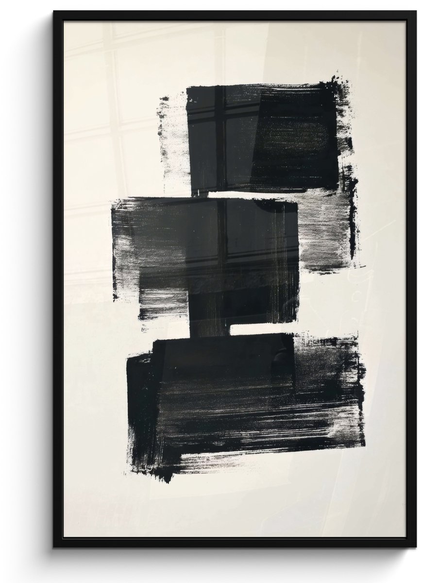 FrameYourWall Poster in lijst - Fotolijst 80x120 cm - Posters - Rechthoeken - Penseelstreken - Abstract - Zwart - Posterlijst zwart - Decoratie - Wanddecoratie woonkamer - Muurdecoratie slaapkamer