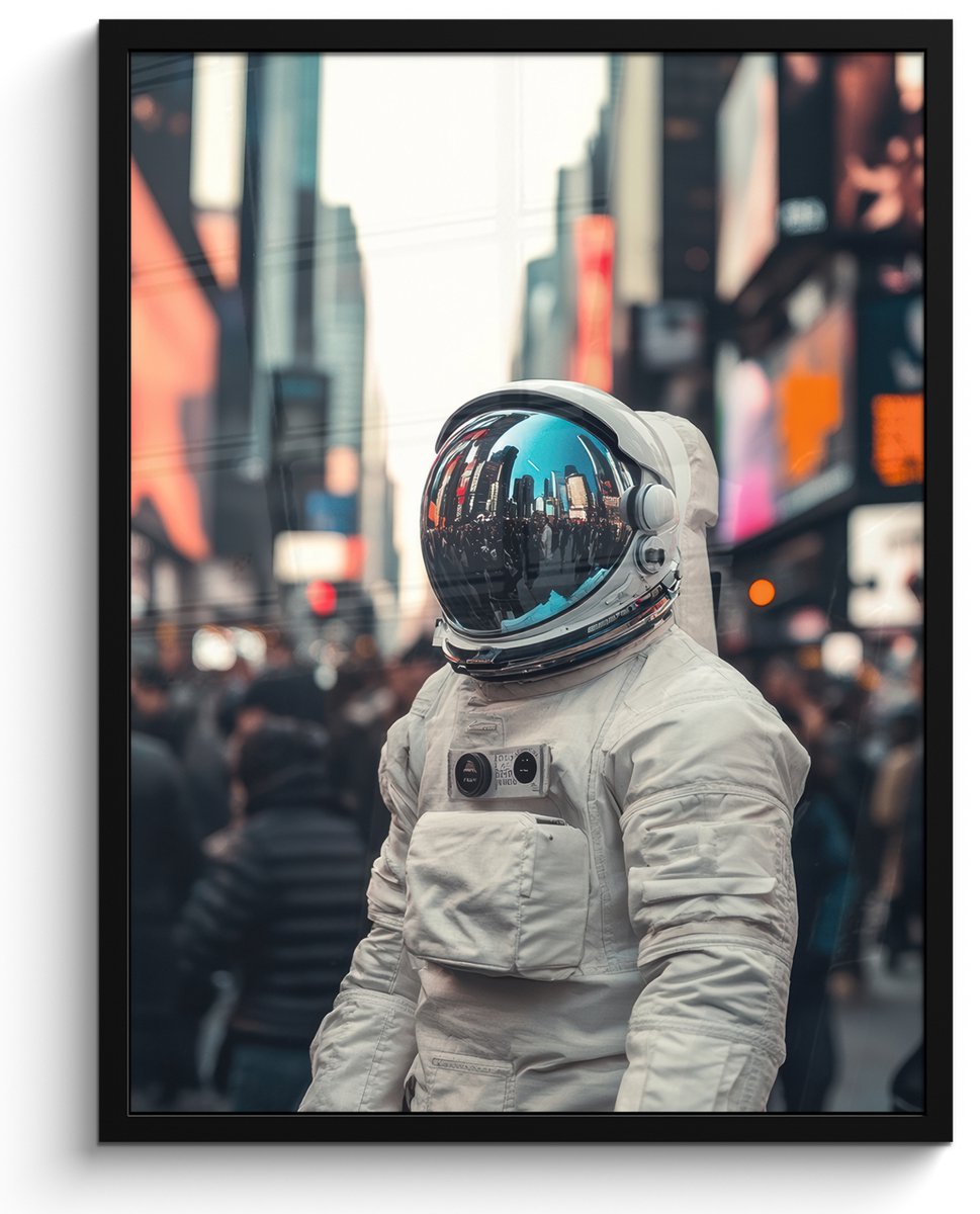 FrameYourWall Poster in lijst - Fotolijst 60x80 cm - Posters - Stad - Mensen - Astronaut - Wit - Posterlijst zwart - Decoratie - Wanddecoratie woonkamer - Muurdecoratie slaapkamer