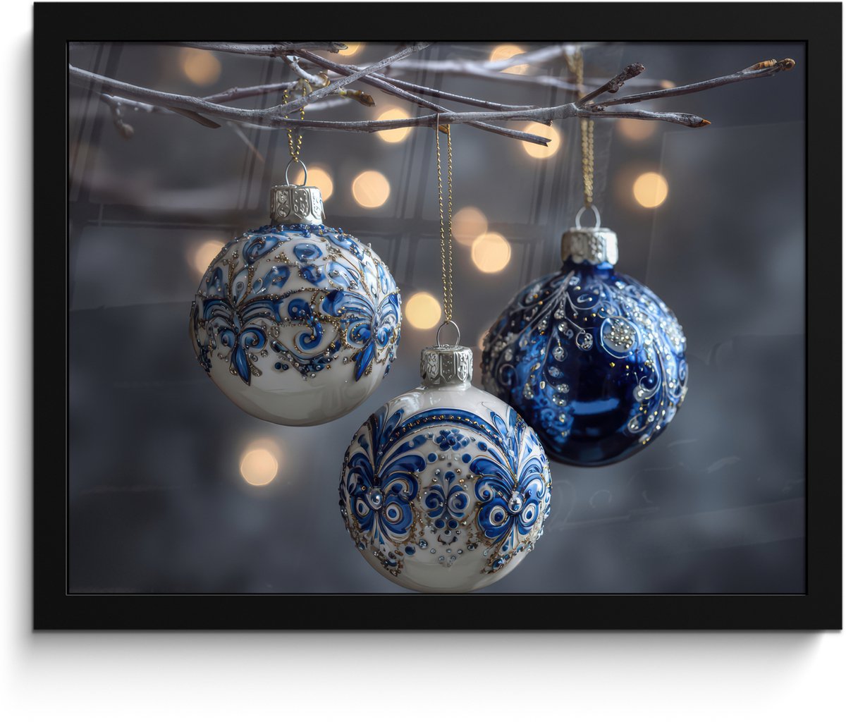 FrameYourWall Poster in lijst - Fotolijst 40x30 cm - Posters - Kerstbal - Versierd - Blauw - Posterlijst zwart - Decoratie - Wanddecoratie woonkamer - Muurdecoratie slaapkamer - Kerstversiering - Kerstdecoratie voor binnen - Kerstmis