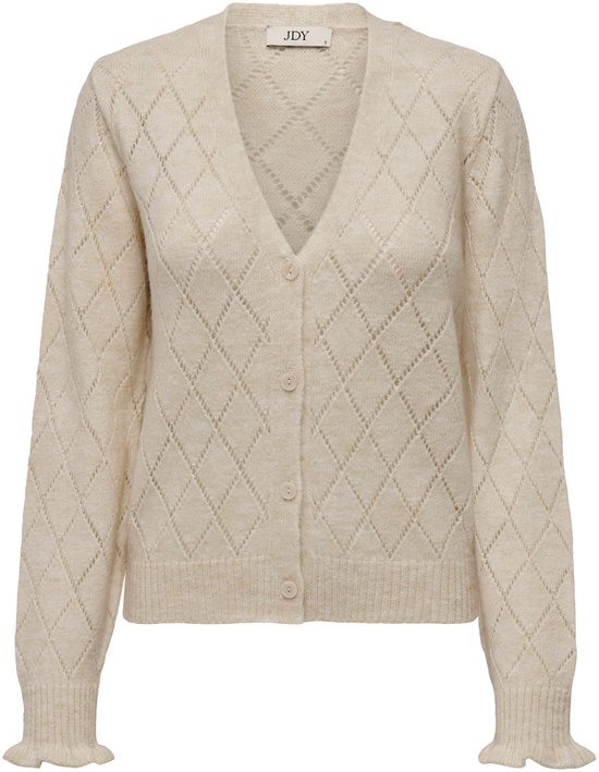 Cardigan crème à motif losange, col en V, fermeture boutonnée et volants aux manches.