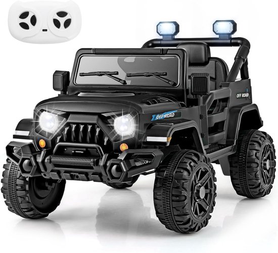Zwarte elektrische kinder-jeep met verlichting, 'OFF ROAD' logo en afstandsbediening.