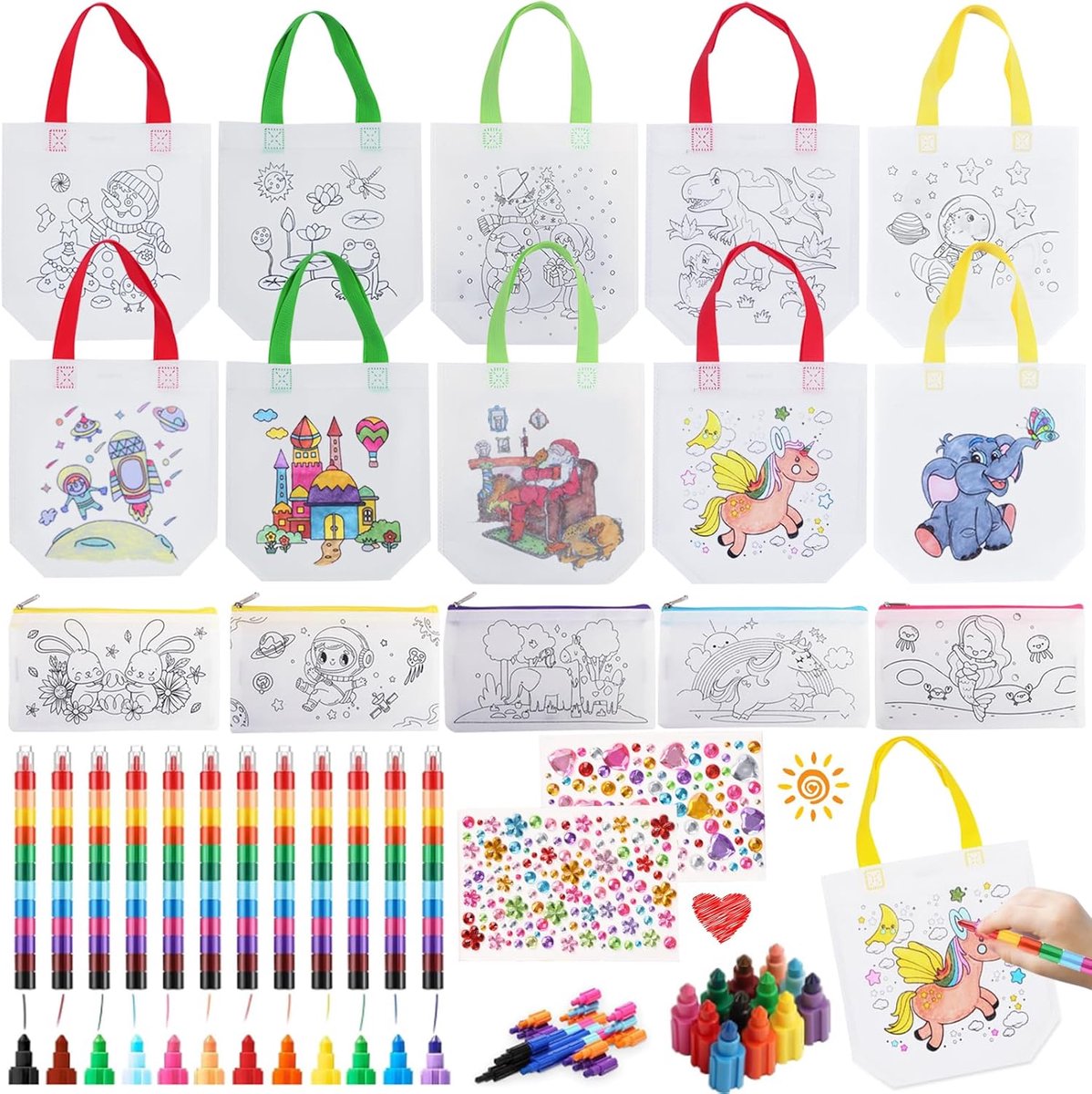 DIY stoffen tassen voor kinderen - 10 stuks - perfect voor schilderen met stapelbare waskrijtjes