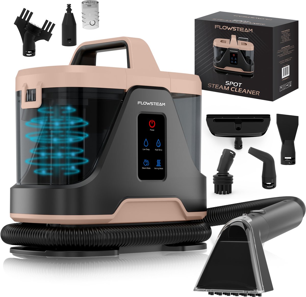 FLOWSTEAM® 6-in-1 Stoomreiniger PRO - Tapijtreiniger – Vlekkenreiniger – Handstomer – Zetelreiniger - 100°C Stoom - 4 Stoomstanden - 90 Minuten Stomen - 5M Snoer
