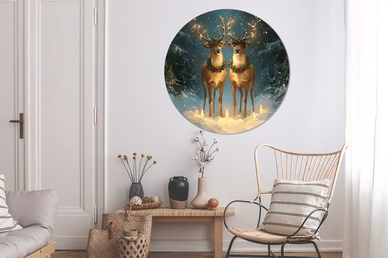 WallCircle - Wandcirkel - Muurcirkel - Dennensprookje - Rendier - Nacht - Aluminium - Dibond - 140x140 cm - Binnen en Buiten
