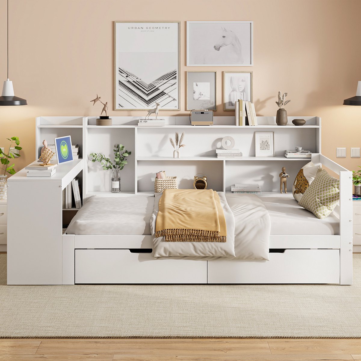 Merax Slaapbank 90x200 cm - met bureau - boekenplank - opbergvakken en schappen - met stopcontact - wit - zonder matras