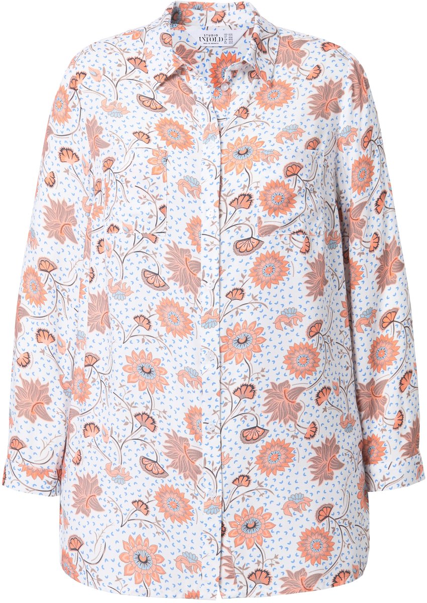 Studio Untold - Dames - Overhemdblouse boxy fit bloemenprint - Grijsbeige - Maat 46+