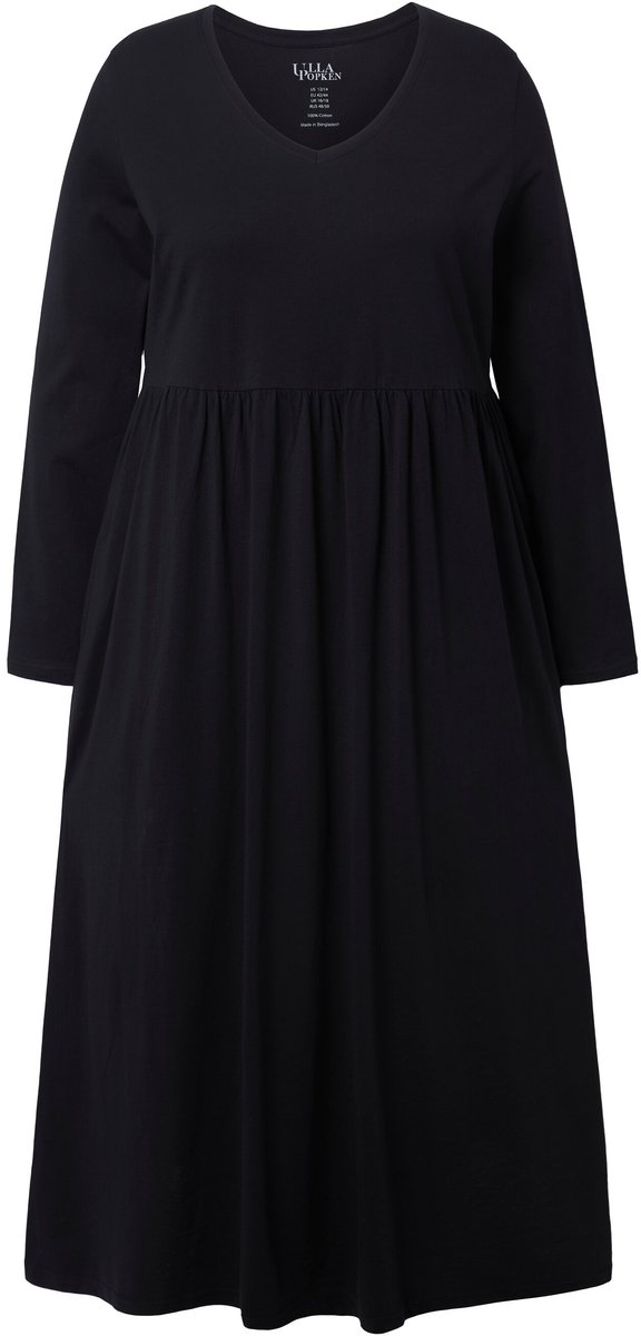 Ulla Popken - Dames - Maxi-jurk A-lijn V-hals lange mouw - Zwart - Maat 54+
