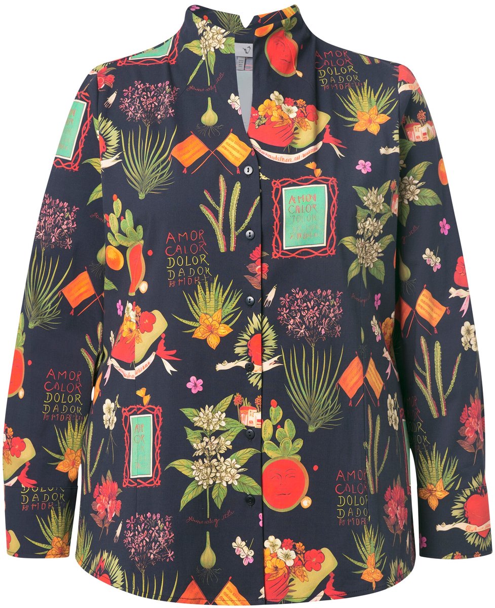 Ulla Popken - Dames - Blouse landhuisprint gobletkraag lange mouw - Zwart - Maat 54+