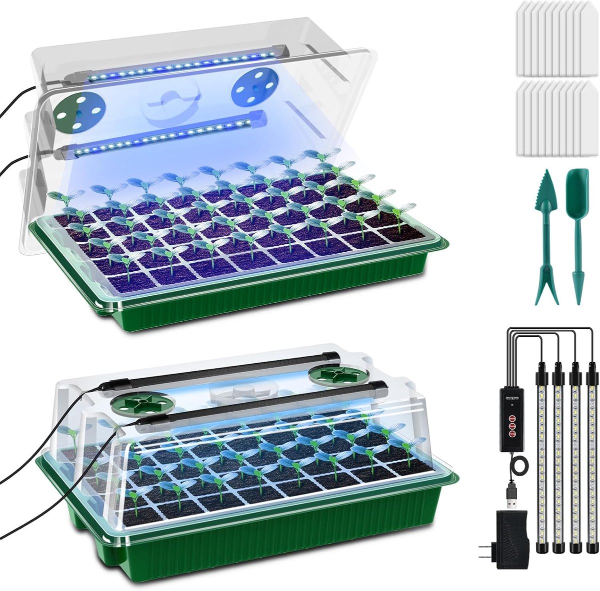Seed Starter Tray met Grow Light - Pack van 2 - 80 Cells - Intelligent Timer voor Zaailingen met Vochtige Koepel - Plantenpotten