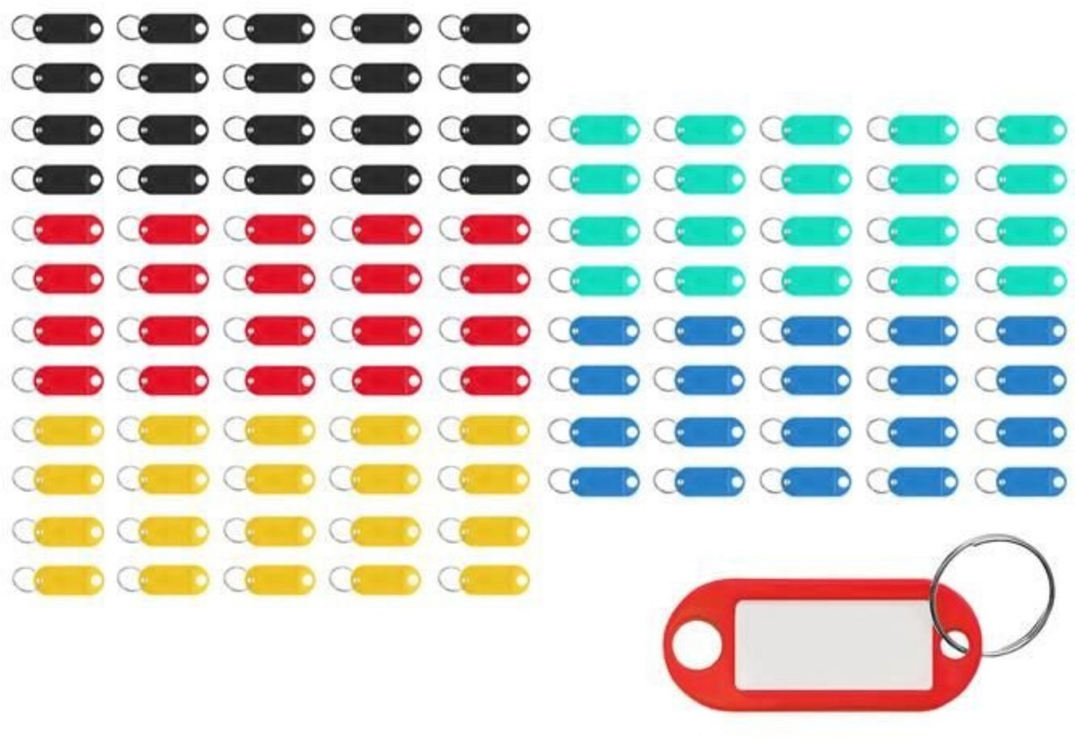 Malatec Sleutelhanger labels - 100x stuks - multi color - L5 cm - met etiket - sleutelhanger identificatie