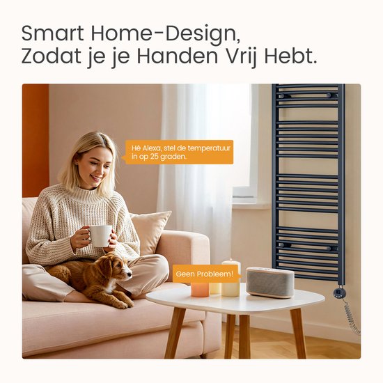 Vrouw met hond op bank, handdoekradiator in de hoek. "Hé Alexa, stel de temperatuur in op 25 graden."