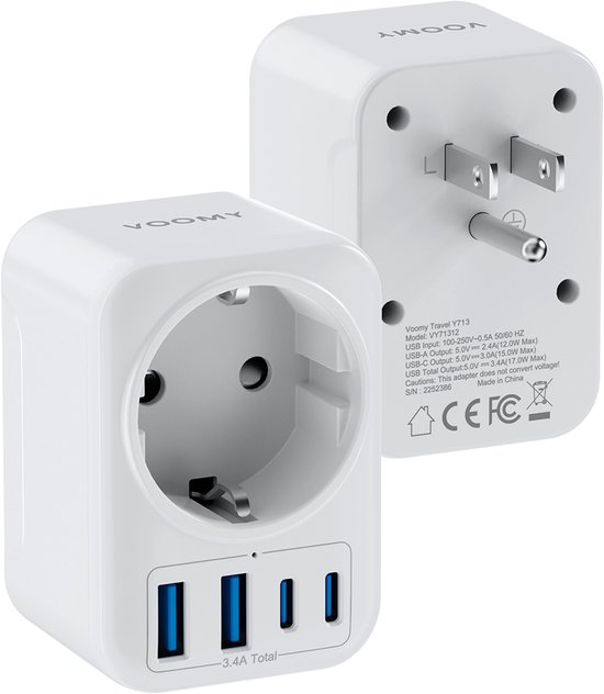 Voomy Reisstekker Amerika/USA - Met 4 USB - Wereldstekker Type B - 2 USB-C & 2 USB-A - Wit
