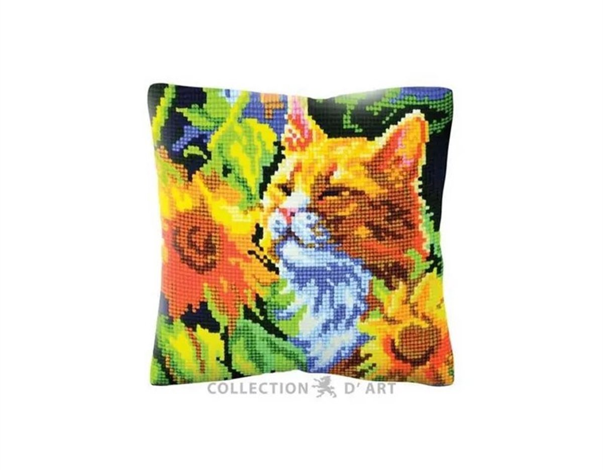 Borduurkussen Kat in zonnebloemen 5502