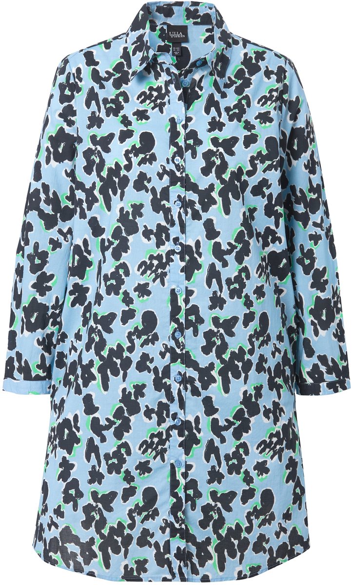 Ulla Popken - Dames - Lange blouse bloemen A-lijn overhemdkraag lange mouw - Lichtblauw - Maat 42+