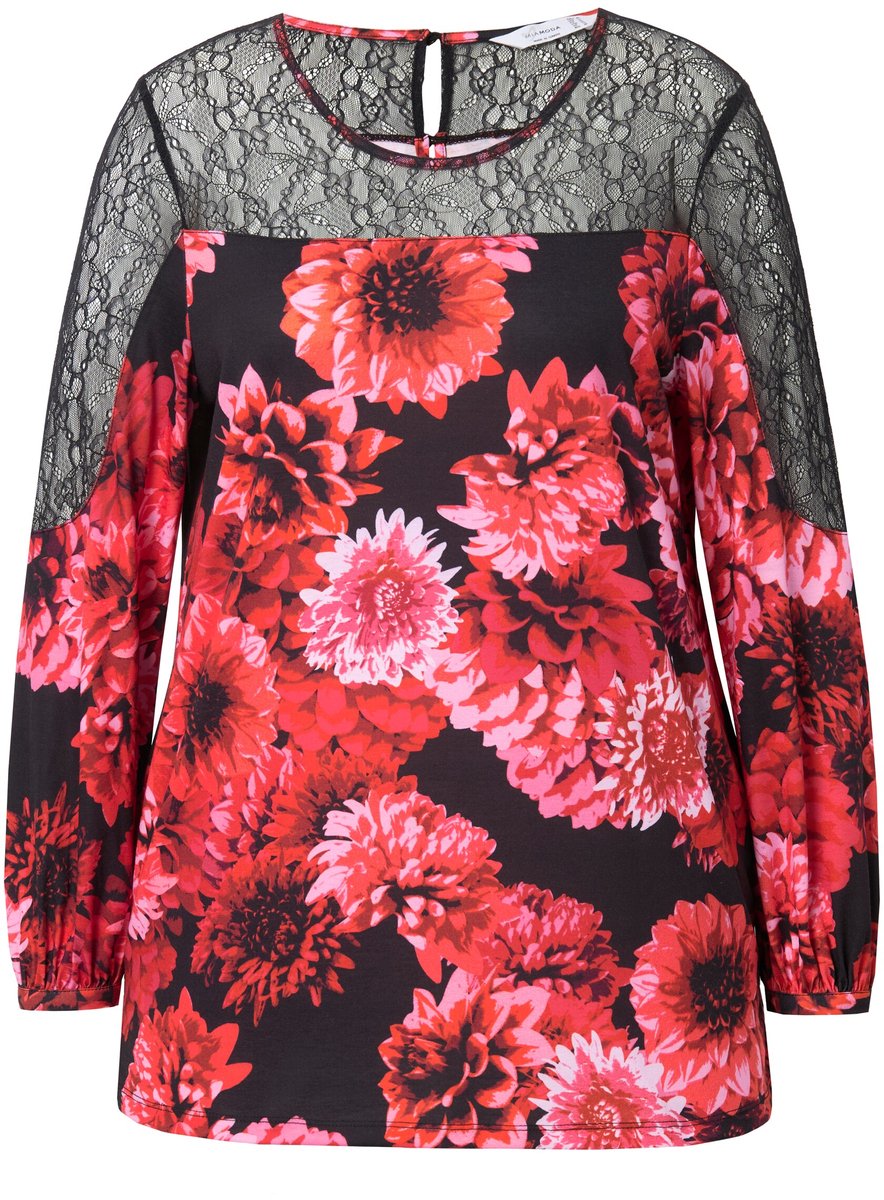 MIAMODA - Dames - Blouse A-lijn bloempatroon mesh-inzetstukken - Purper - Maat 50