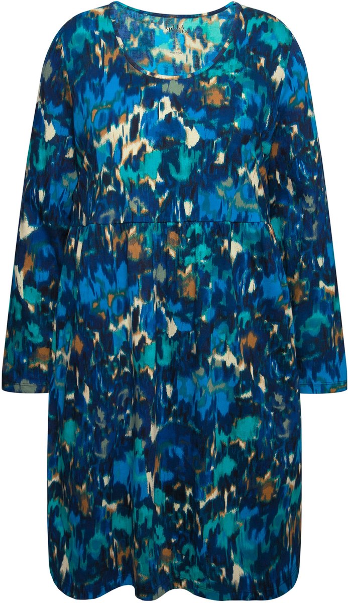 Ulla Popken Dames - Jersey jurk A-lijn ronde hals lange mouwen - Marine - Maat 54+