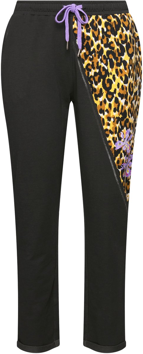 MIAMODA - Dames - Broek cold dyed luipaard-applicatie elastische tailleband - Antraciet - Maat 52