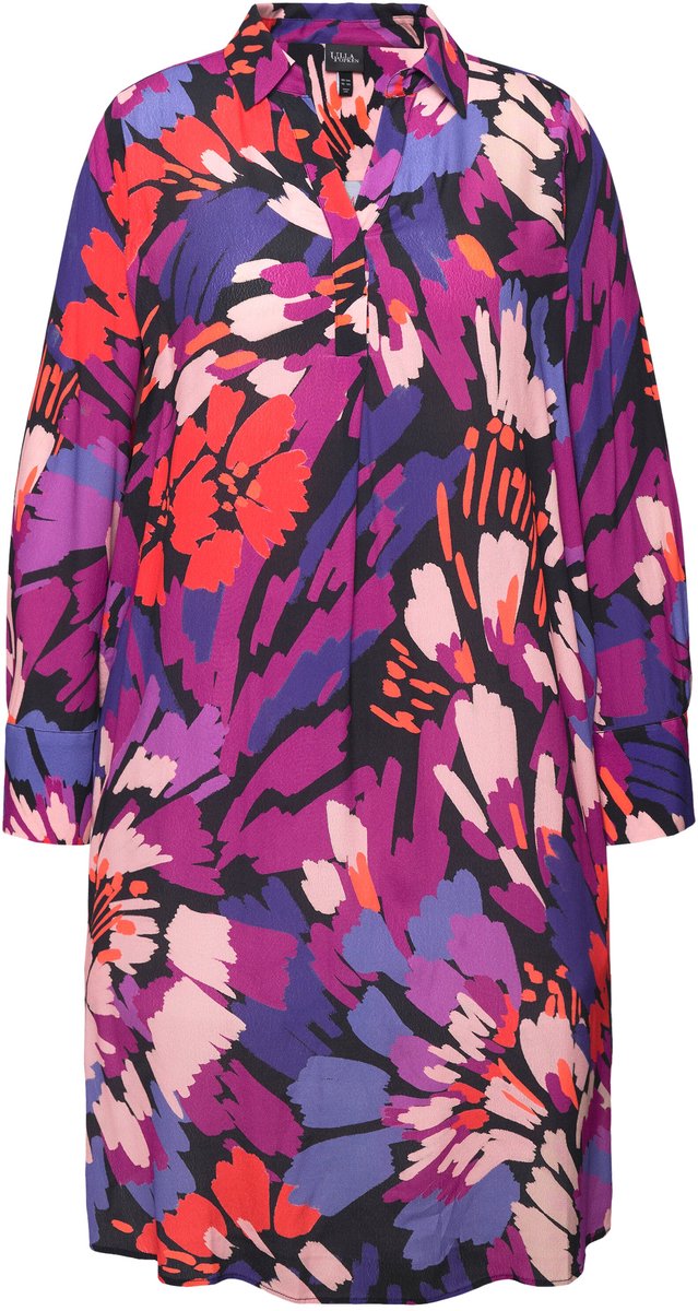 Ulla Popken Dames - Midi-jurk penseelstreken V-hals lange mouwen - Bes - Maat 46+